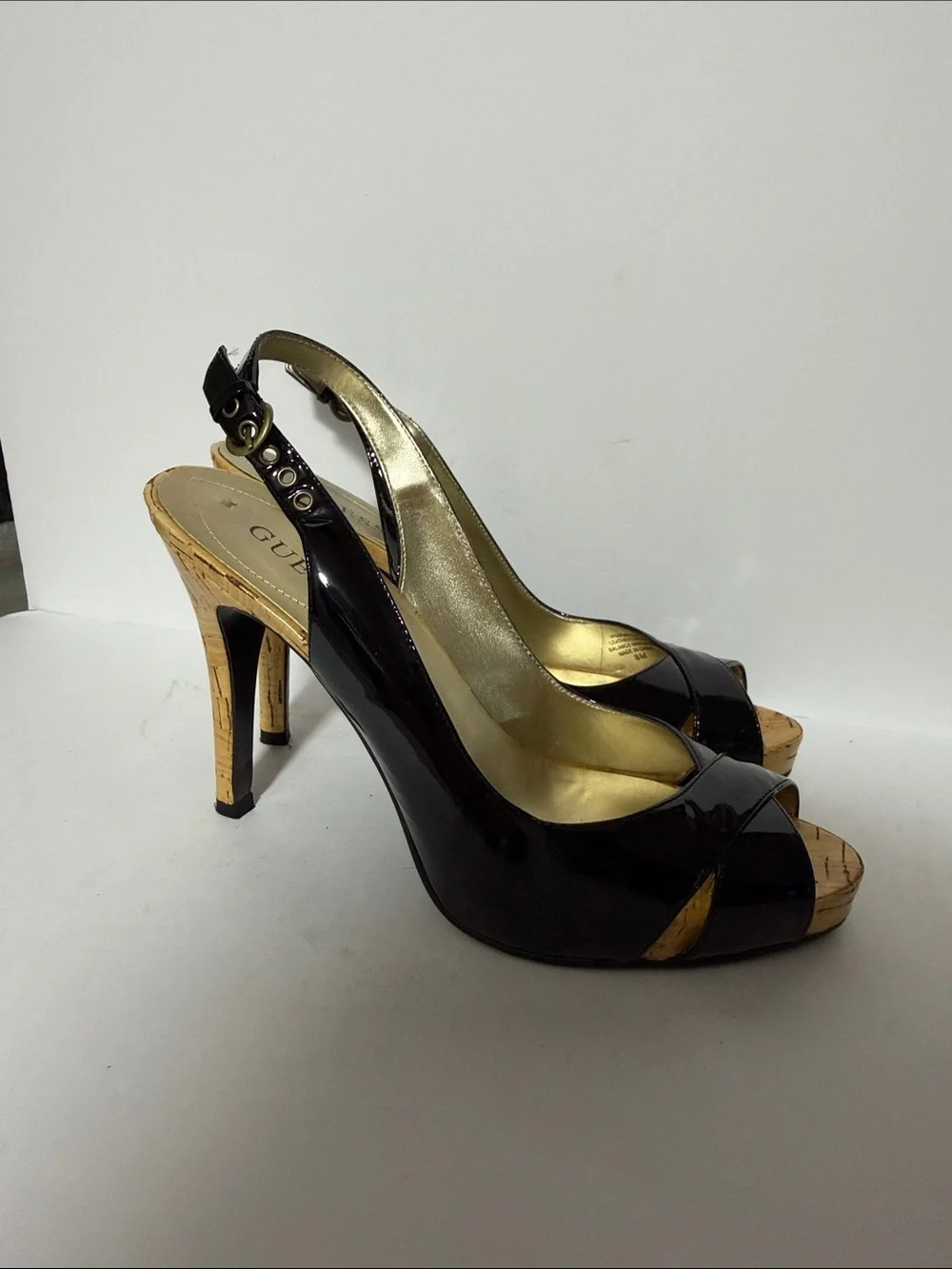 Guess Black Patent Open-Toe Slingback Cork Wedges